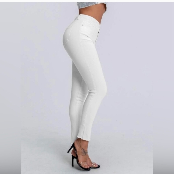 Shein White Skinny Jeans High Rise Fray Hem, sz 6 - Picture 1 of 7